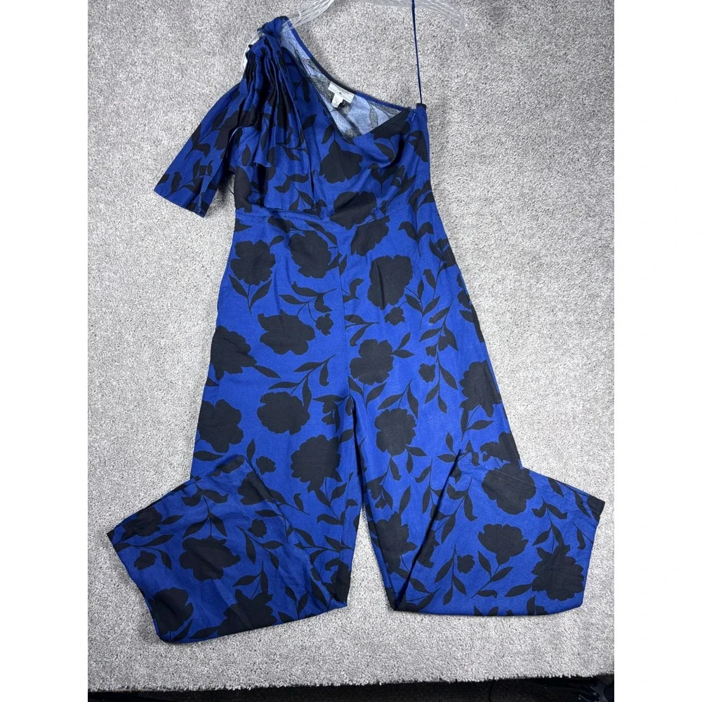 Kate Spade New York Blue Black Floral One Shoulder Linen Blend Jumpsuit‎ Size 14